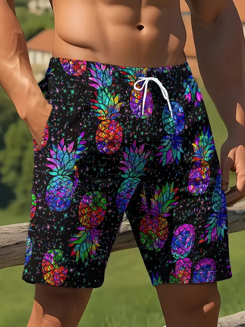 Мужские пляжные шорты с тропическим ананасом и графическим принтом - Фотография_3