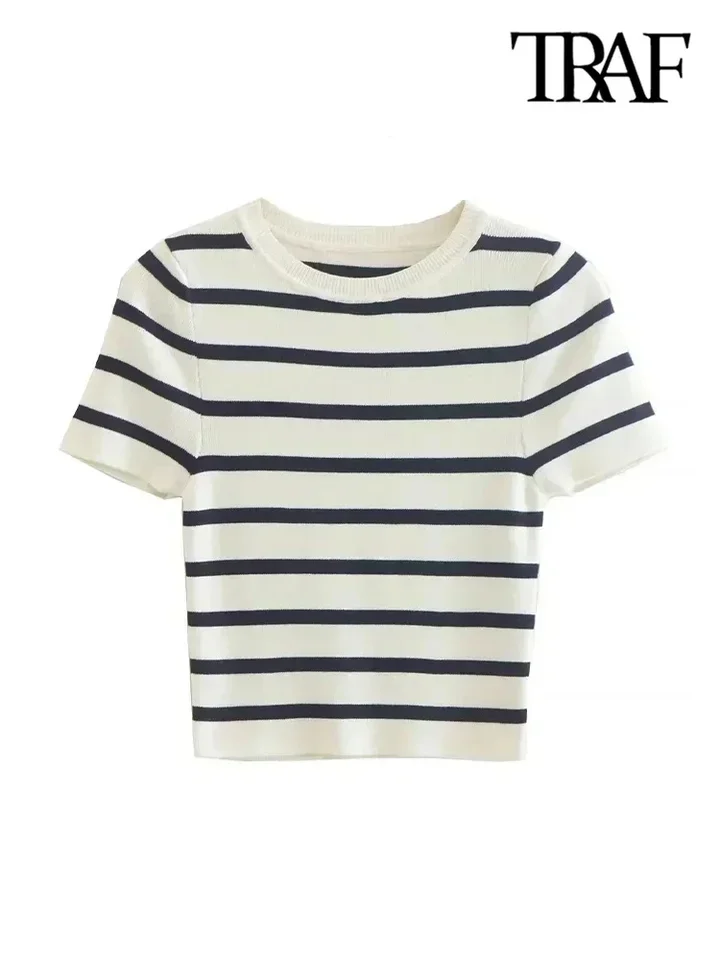 Женский модный полосатый базовый укороченный вязаный свитер - Фотография_2