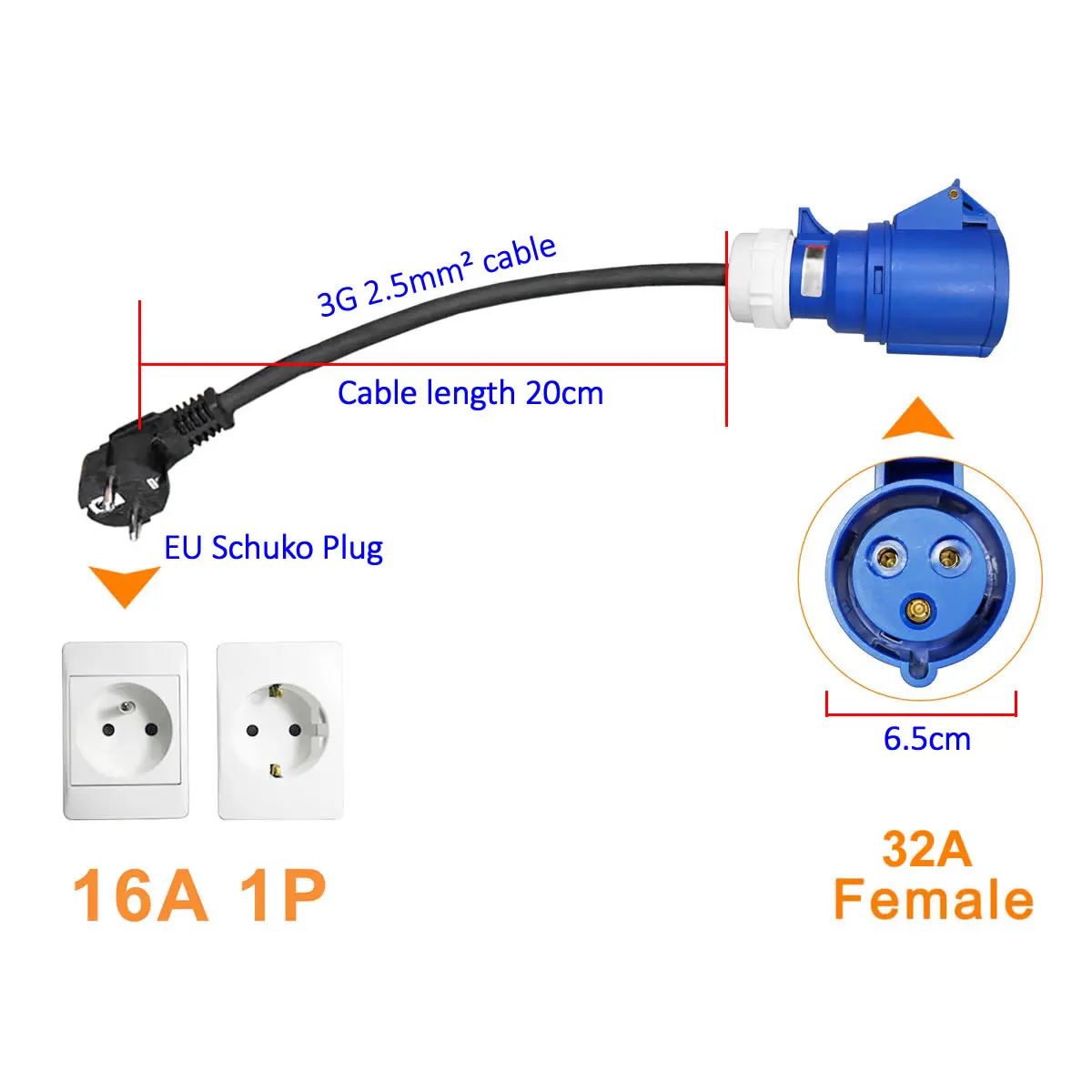 32a blue cee socket to 16a eu schuko plug adapter 7kw to 3