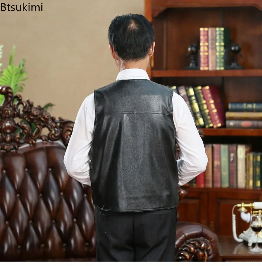 Осень-зима, новый мужской кожаный жилет с флисовой подкладкой - Фотография_6