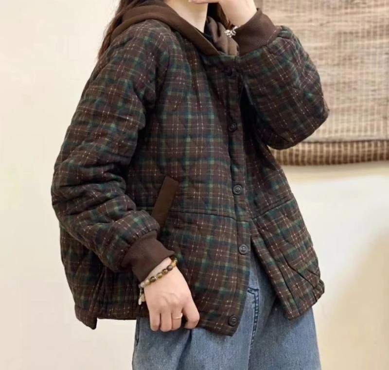 Ретро клетчатая хлопковая куртка с капюшоном для женщин - Фотография_2