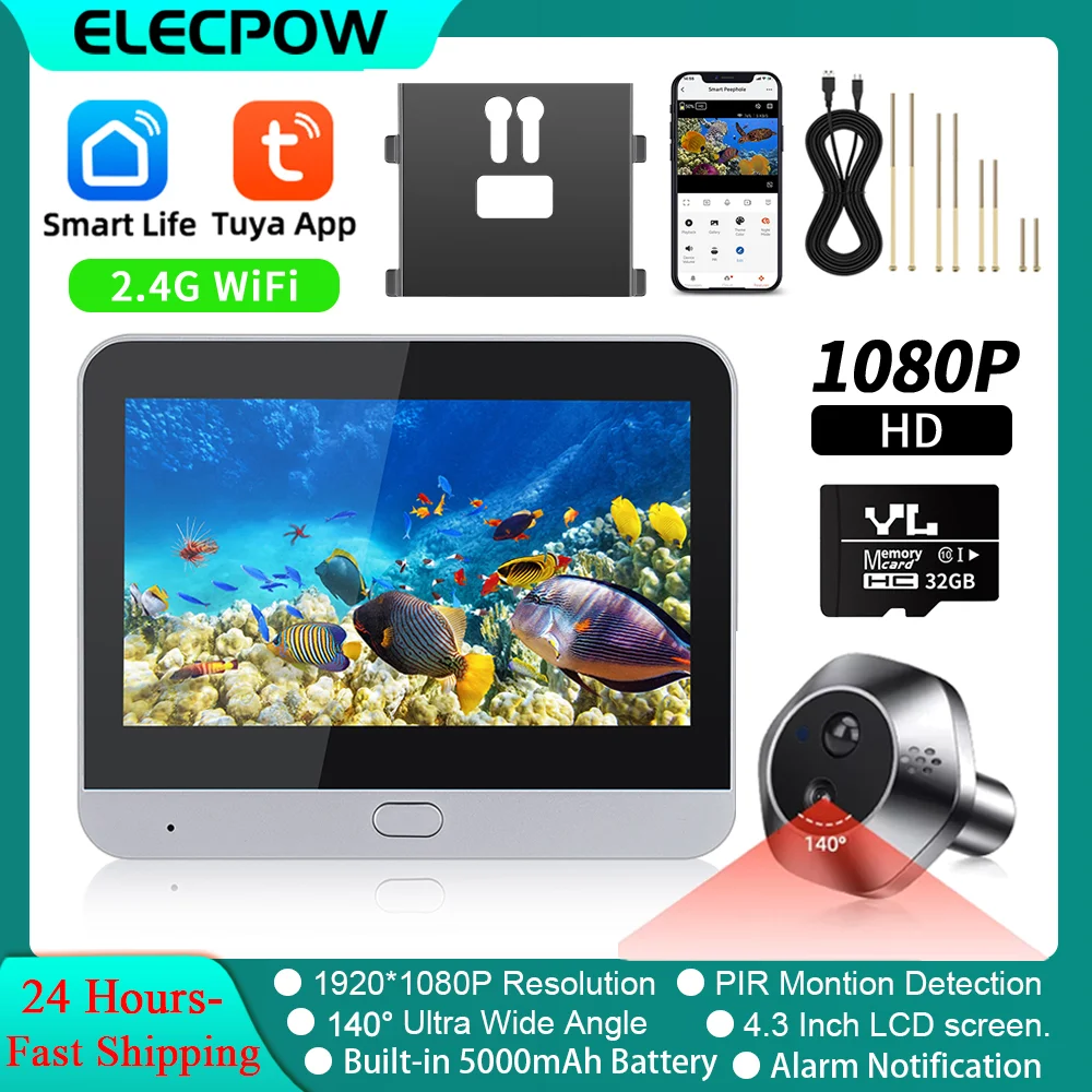 Elecpow цифровые дверные глазки smart tuya wi-fi дверная камера 1080p 4