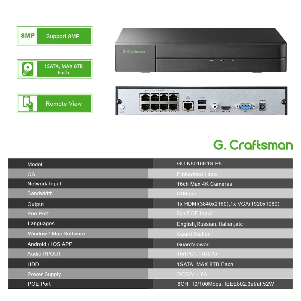 Gcraftsman 8-канальный сетевой видеорегистратор с poe - Фотография_2