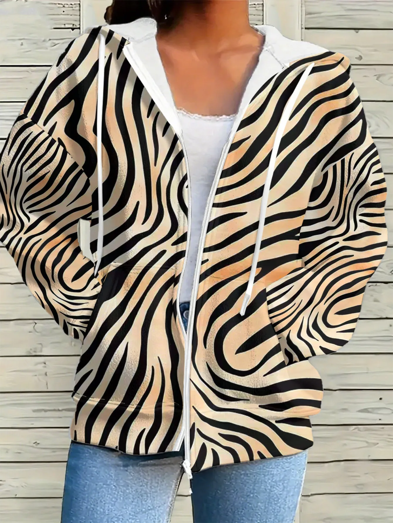 Шикарная толстовка на молнии с объемным принтом в полоску зебры - Фотография_4