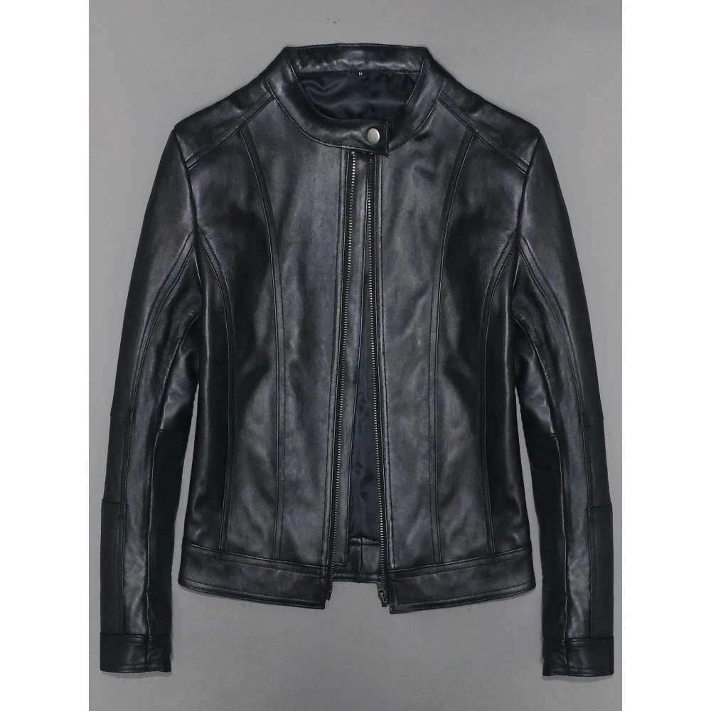 Женская куртка из натуральной кожи первого слоя с воротником-стойкой