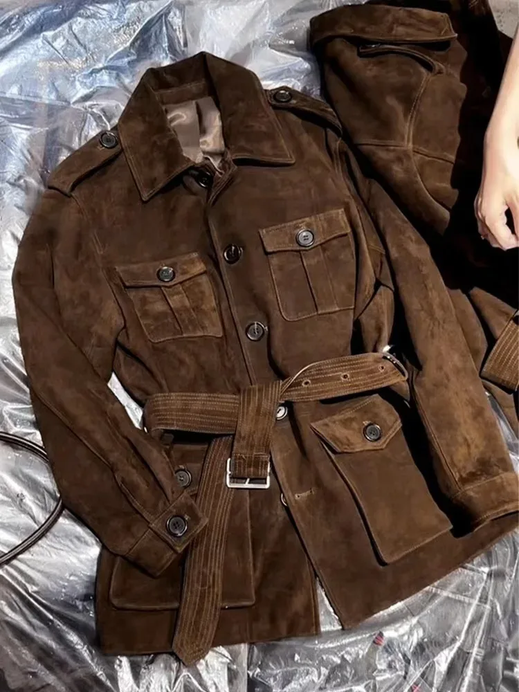 Женская импортная детская замшевая длинная куртка в стиле ретро - Фотография_4