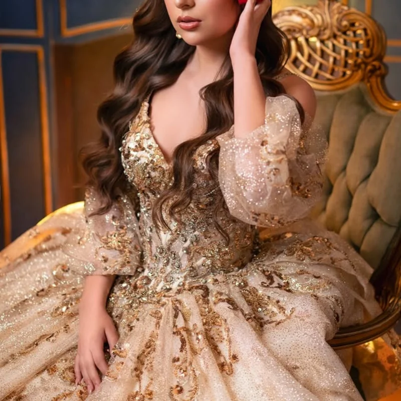 Блестящие золотые платья quinceanera