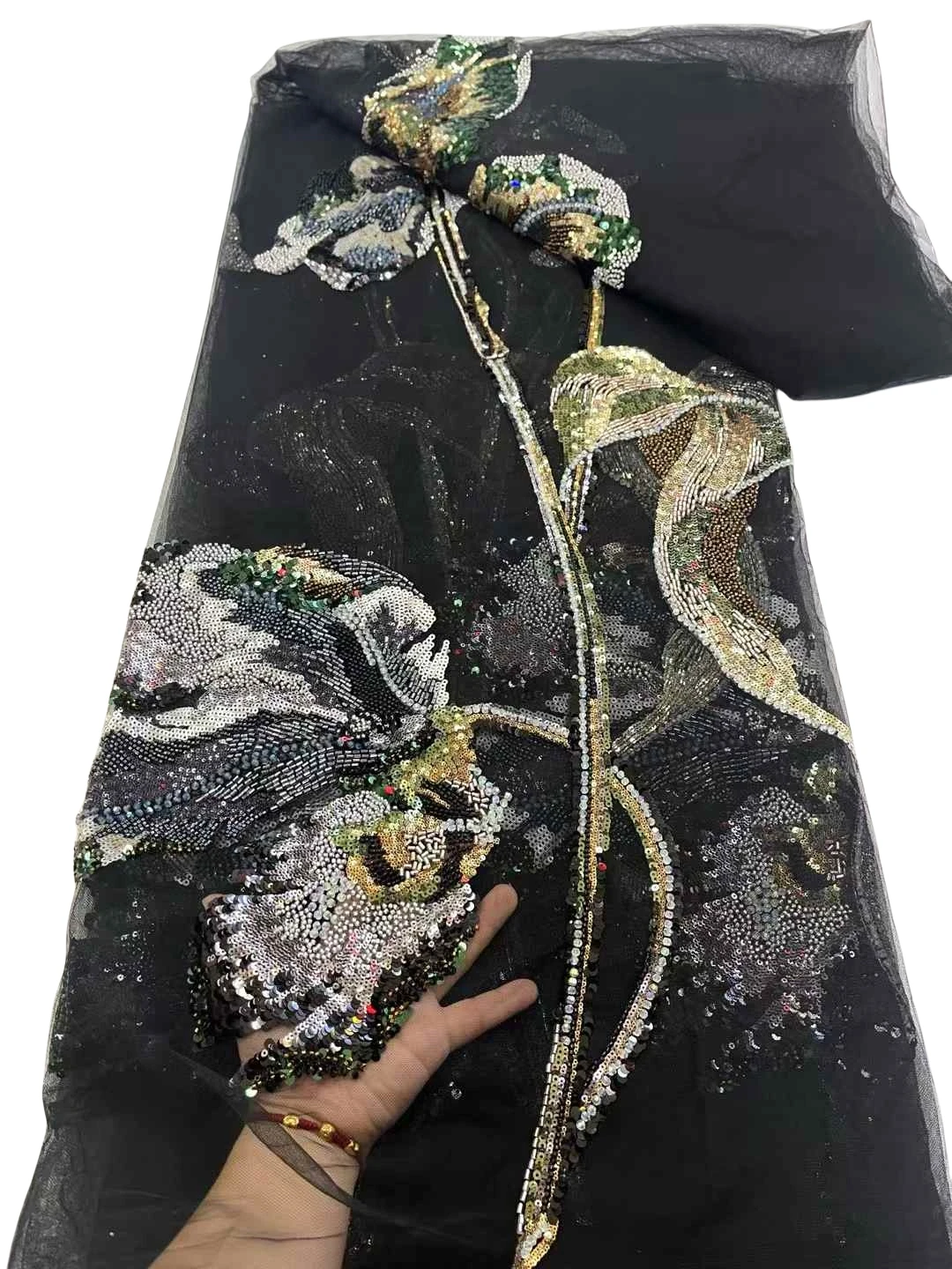 Свадебная ткань - вышитое сетчатое кружево с камнями для вечерних платьев - Фотография_3