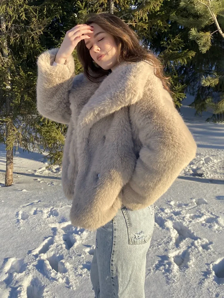 Taruxy однотонное женское пальто с лацканами из искусственного меха - Фотография_2