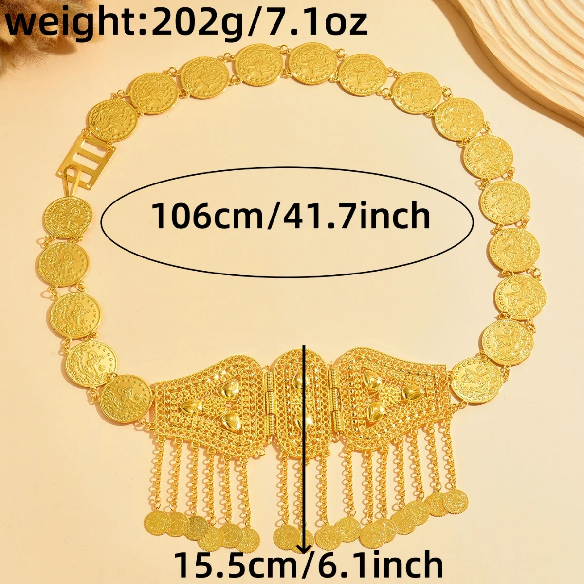 Роскошный позолоченный женский ремень с цветочной монетой и бахромой - Фотография_6