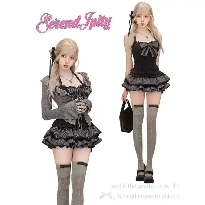 Осень-зима, женский милый кардиган в стиле лолиты на шнуровке с оборками