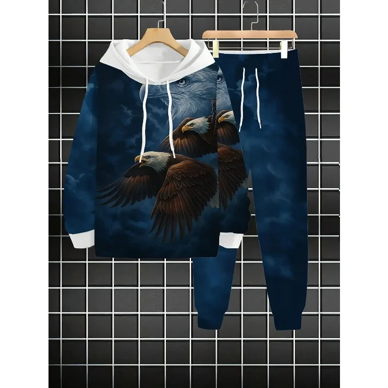 Мужской комплект с капюшоном с узором орла для улицы - Фотография_2
