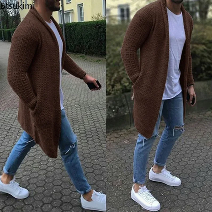 Мужской приталенный длинный вязаный кардиган - Фотография_3