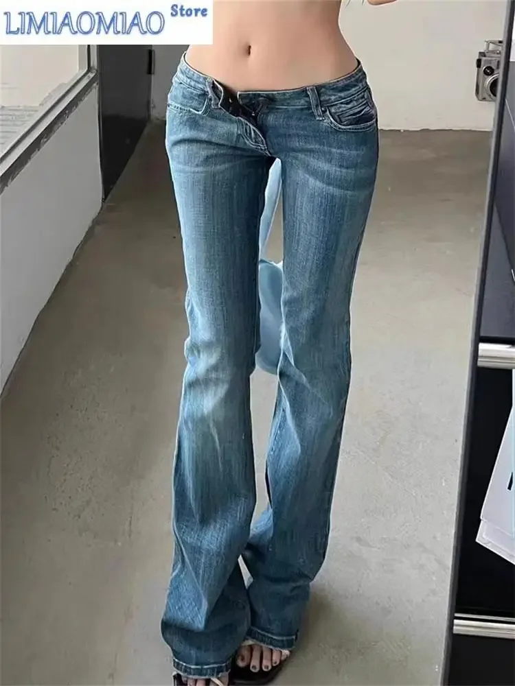 Женские потертые джинсы с заниженной талией в стиле ретро