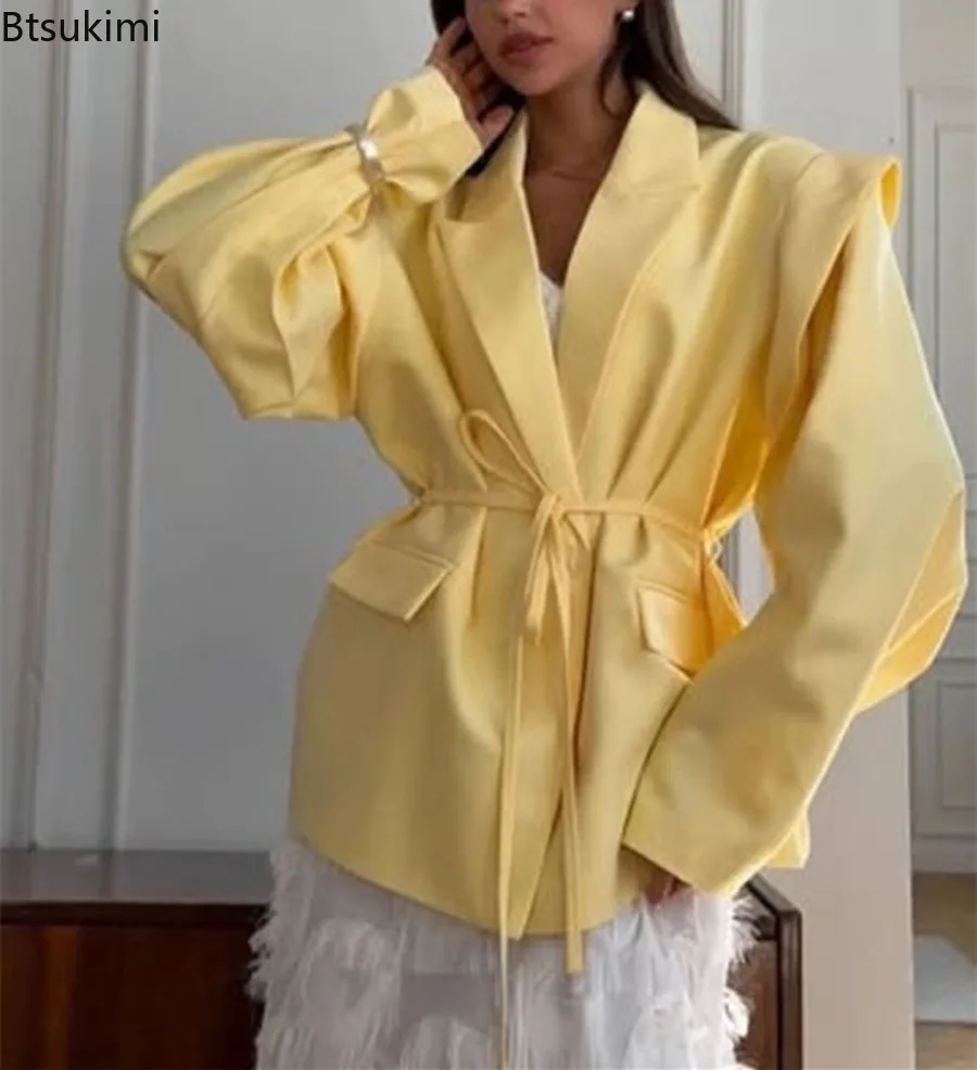 Женский модный однотонный пиджак большого размера на шнуровке - Фотография_2