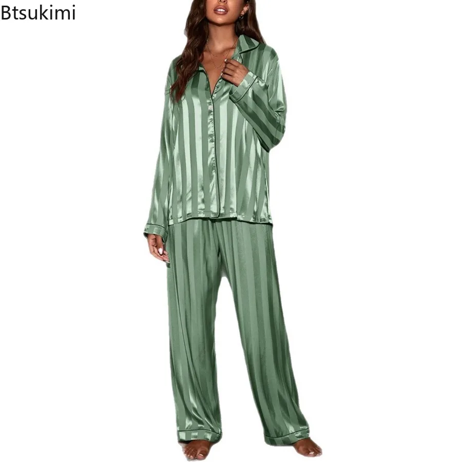 Женский свободный повседневный домашний костюм в полоску с лацканами - Фотография_5