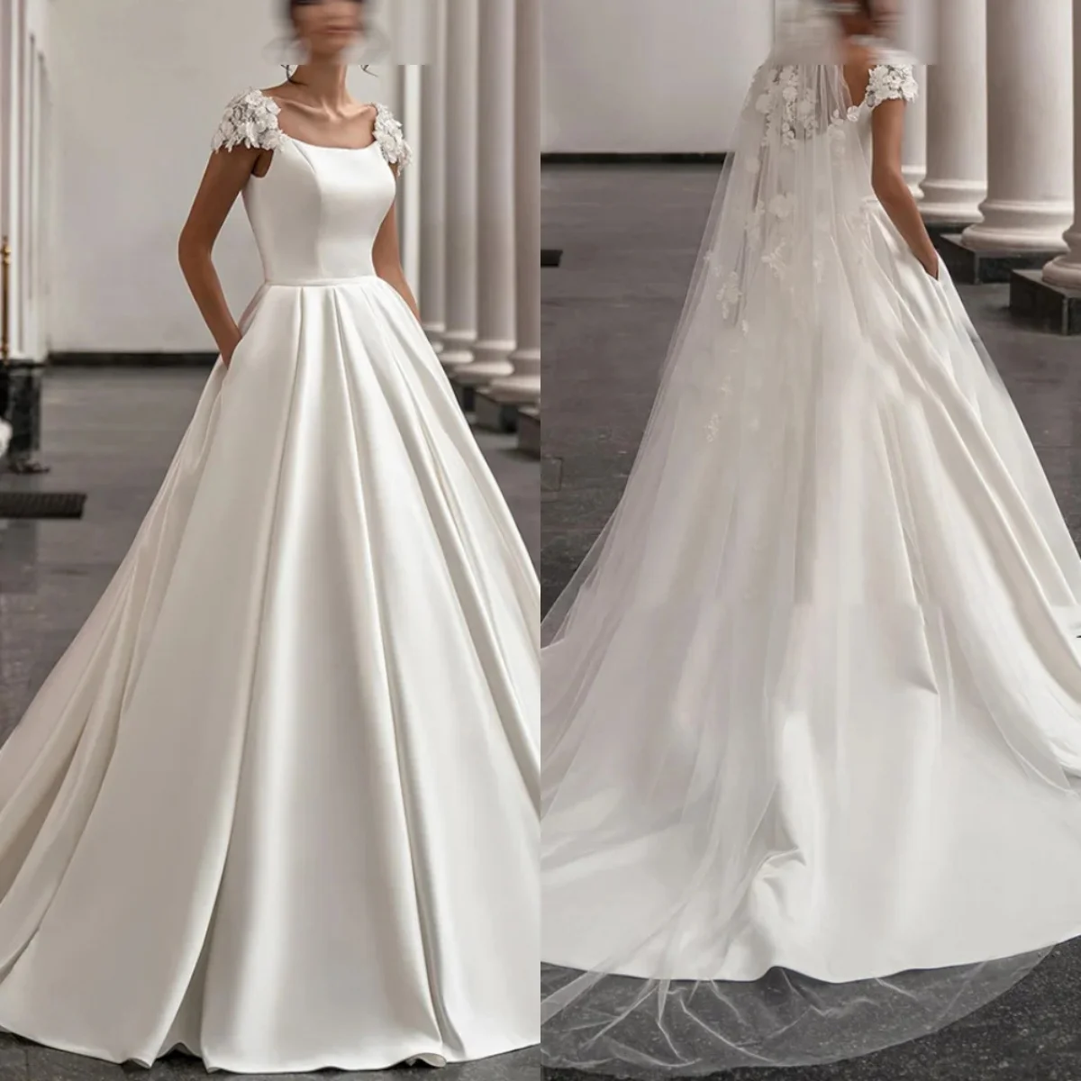 Белое атласное свадебное платье с аппликацией по индивидуальному заказу - Фотография_4