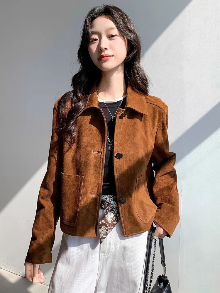 Винтажные короткие замшевые куртки из натуральной кожи для женщин