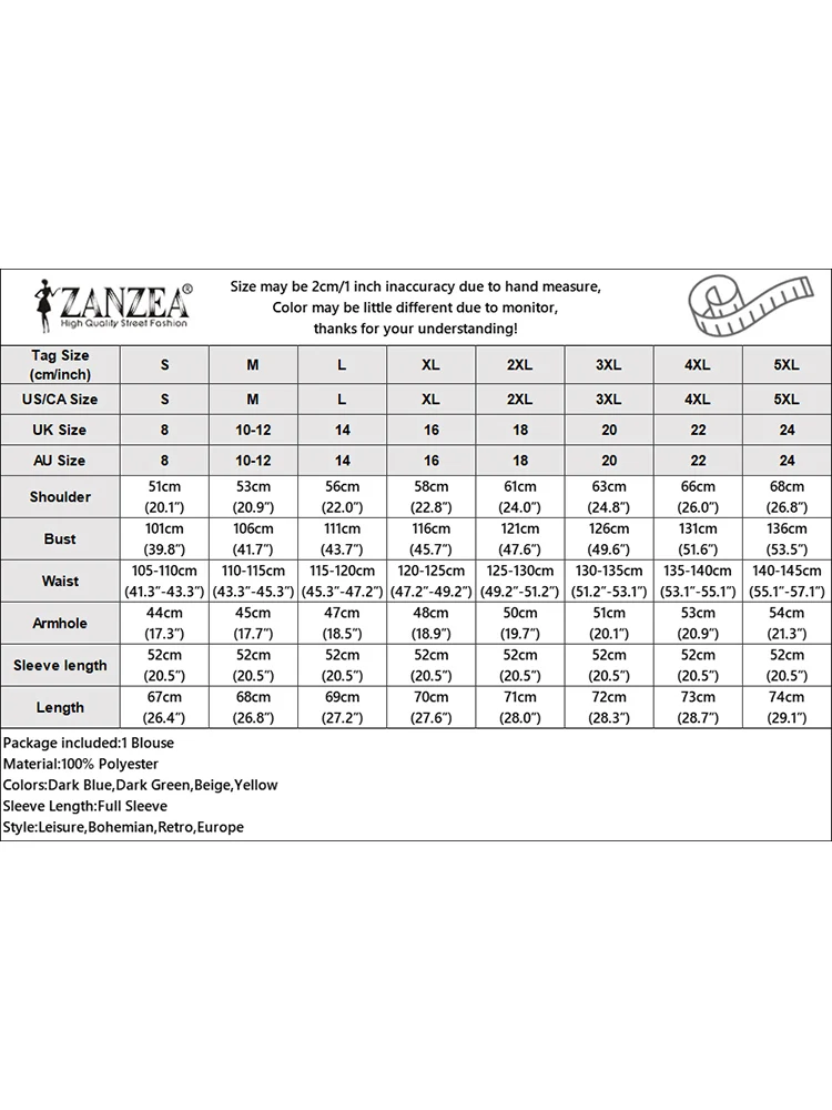 Zanzea винтажные свободные повседневные туники с длинным рукавом 2024 - Фотография_6