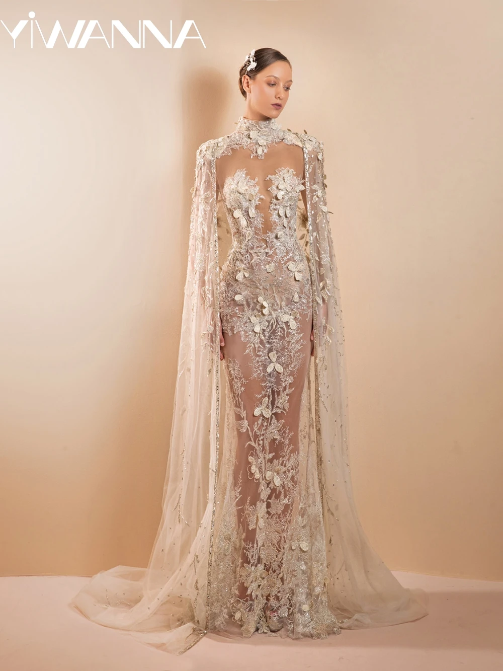 Иллюзионное кружевное свадебное платье русалки с накидкой