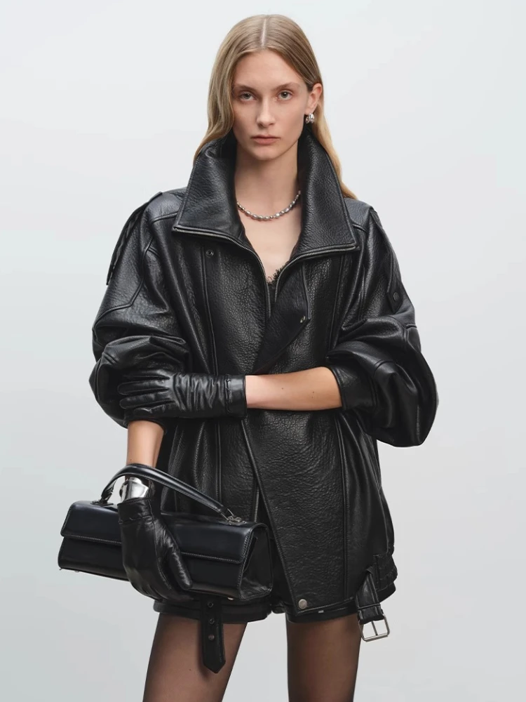 Женская мотоциклетная куртка оверсайз из натуральной кожи - Фотография_2
