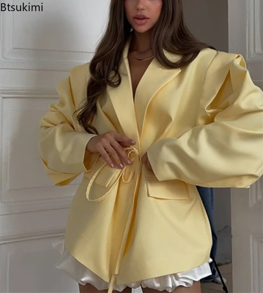 Женский модный однотонный пиджак большого размера на шнуровке