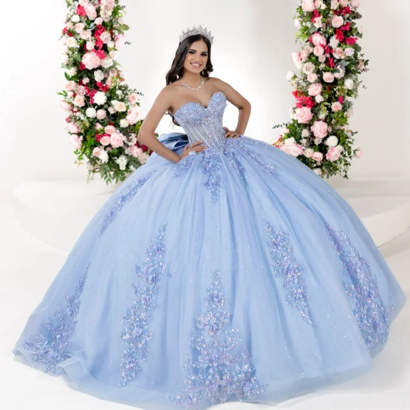 Блестящее небесно-голубое платье quinceanera с открытыми плечами - Фотография_2