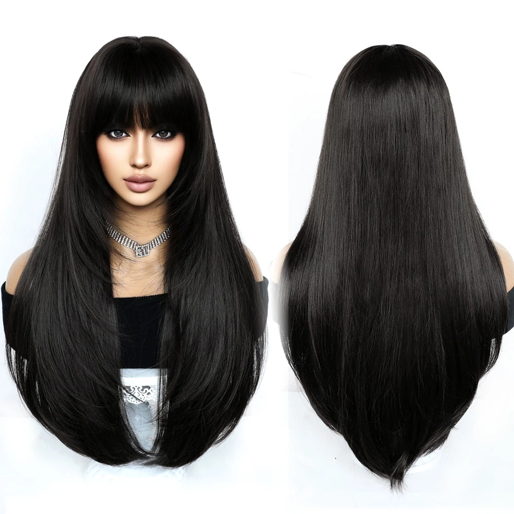 Натуральные многослойные черные длинные прямые парики для женщин - Фотография_2