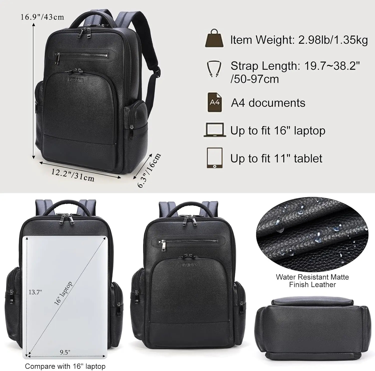 Черный кожаный рюкзак masa kawa для деловых поездок - Фотография_4