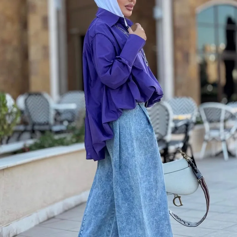 Женская однотонная рубашка с отложными рукавами-фонариками - Фотография_2