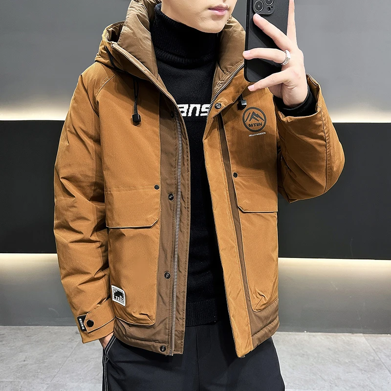 Повседневные мужские теплые куртки на утином пуху с капюшоном