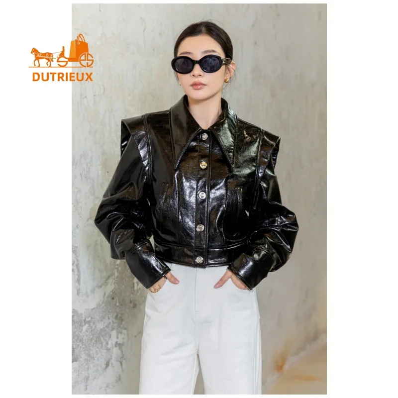 Года, осенняя женская короткая куртка из лакированной кожи - Фотография_4