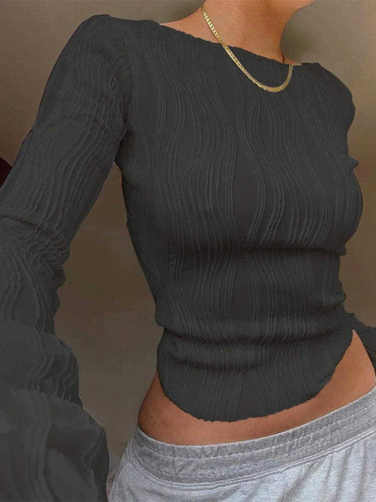 Женская модная повседневная футболка с рюшами и длинными рукавами - Фотография_5
