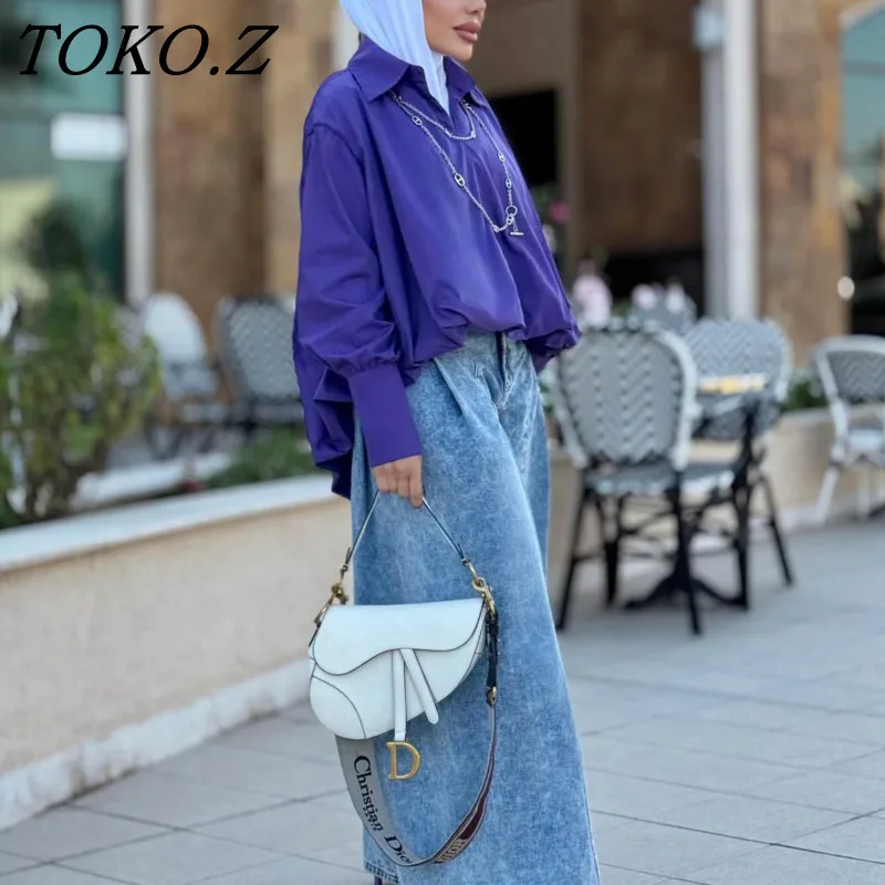 Женская однотонная рубашка с отложными рукавами-фонариками