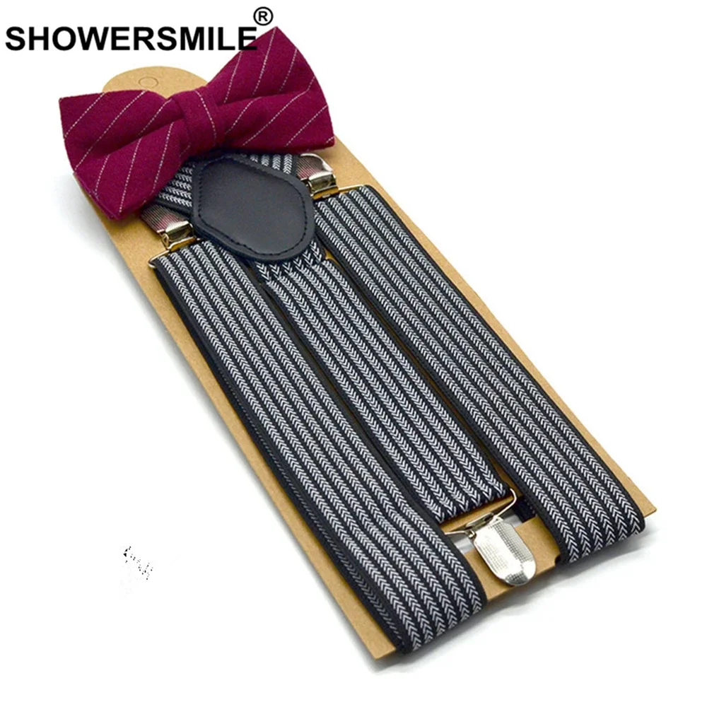 Showersmile, черно-белый полосатый комплект подтяжек с галстуком-бабочкой - Фотография_5