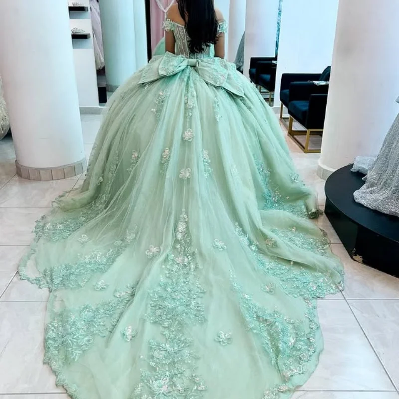 Индивидуальные мятно-зеленые платья quinceanera с открытыми плечами - Фотография_2