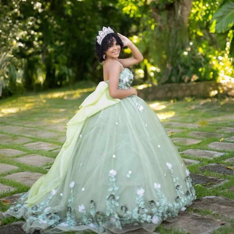 Мятно-зеленое платье quinceanera с открытыми плечами и 3d цветами - Фотография_4