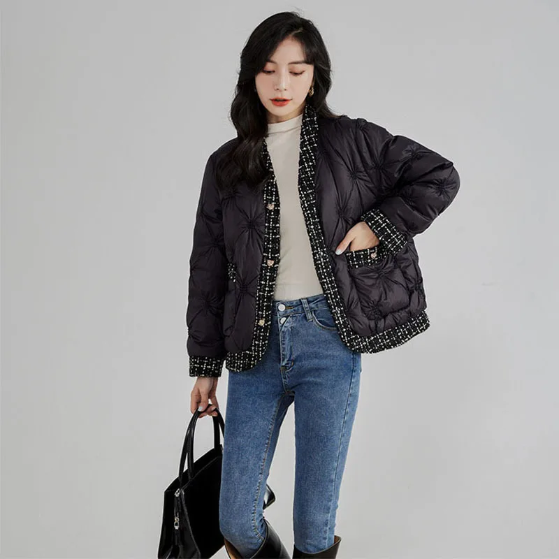 Осенне-зимний пуховик с v-образным вырезом в стиле пэчворк - Фотография_2