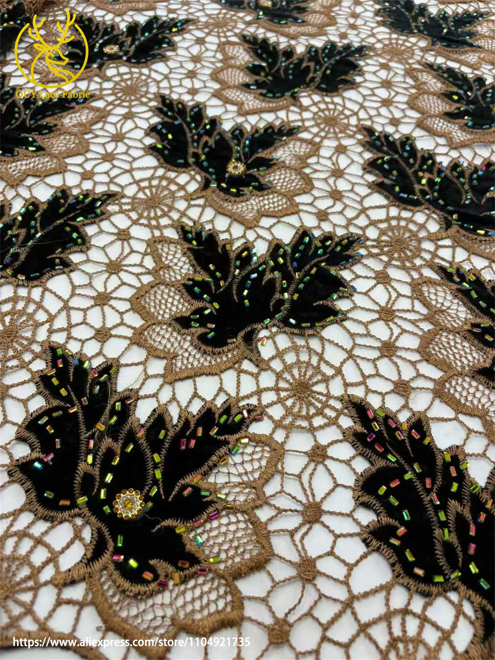 Роскошная бархатная африканская кружевная ткань с кристаллами - Фотография_5