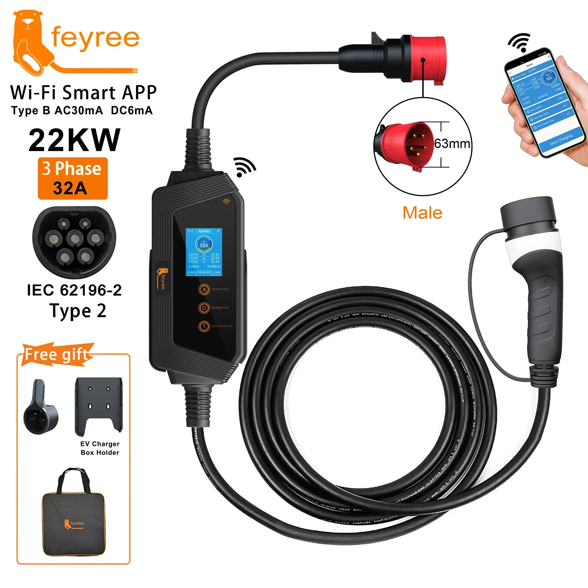 Feyree 22kw 32a 3-фазное портативное