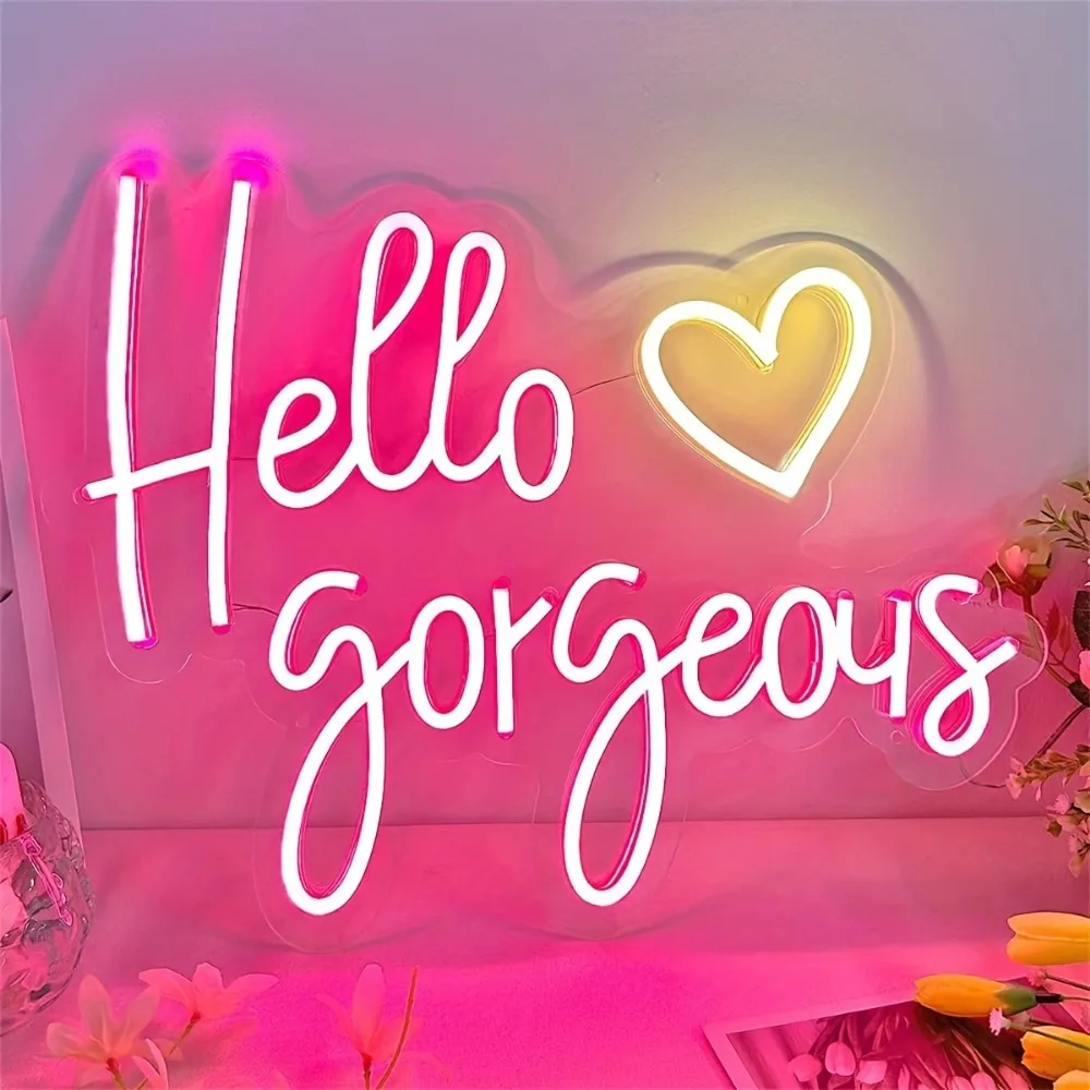 Светодиодная неоновая вывеска «hello gorgeous» с подарками в виде сердца - Фотография_2