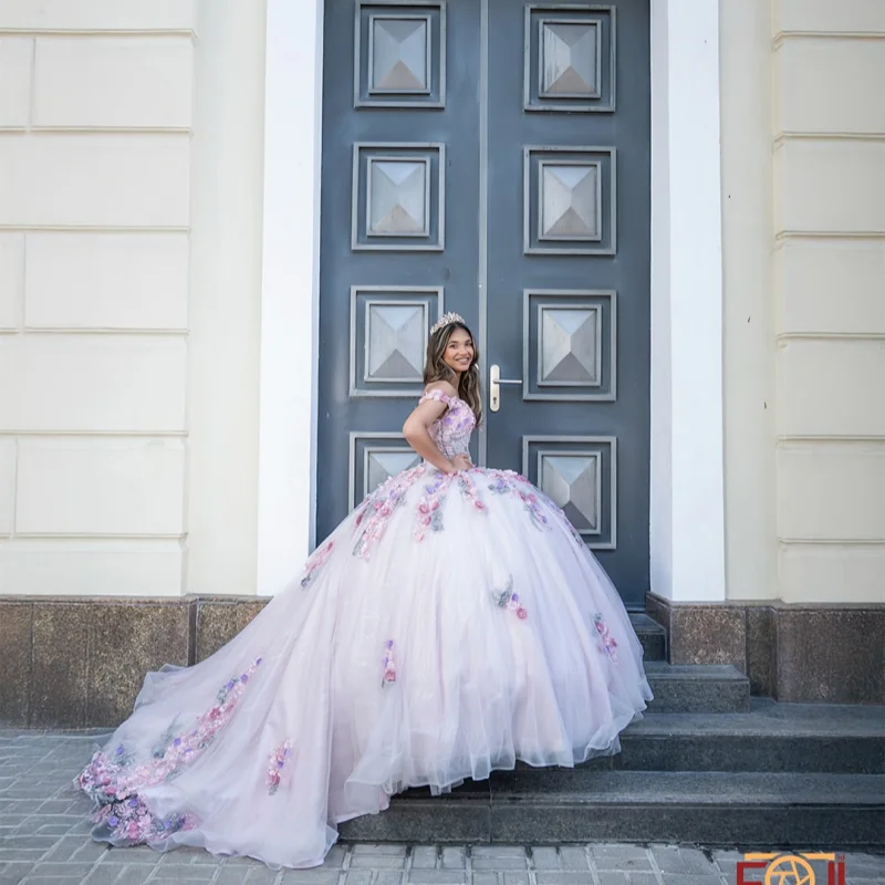 Светлое платье quinceanera с открытыми плечами по индивидуальному заказу - Фотография_2