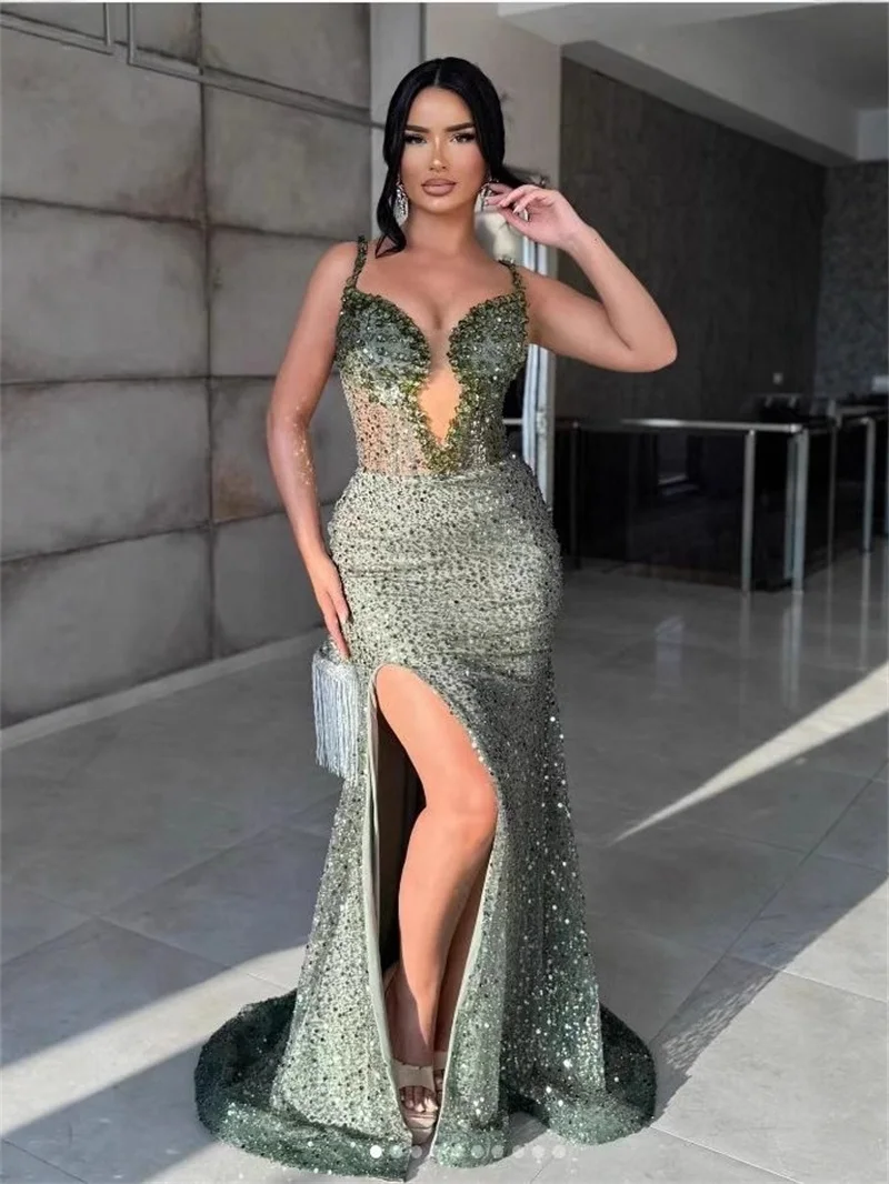 Luxury green women prom dress pearls