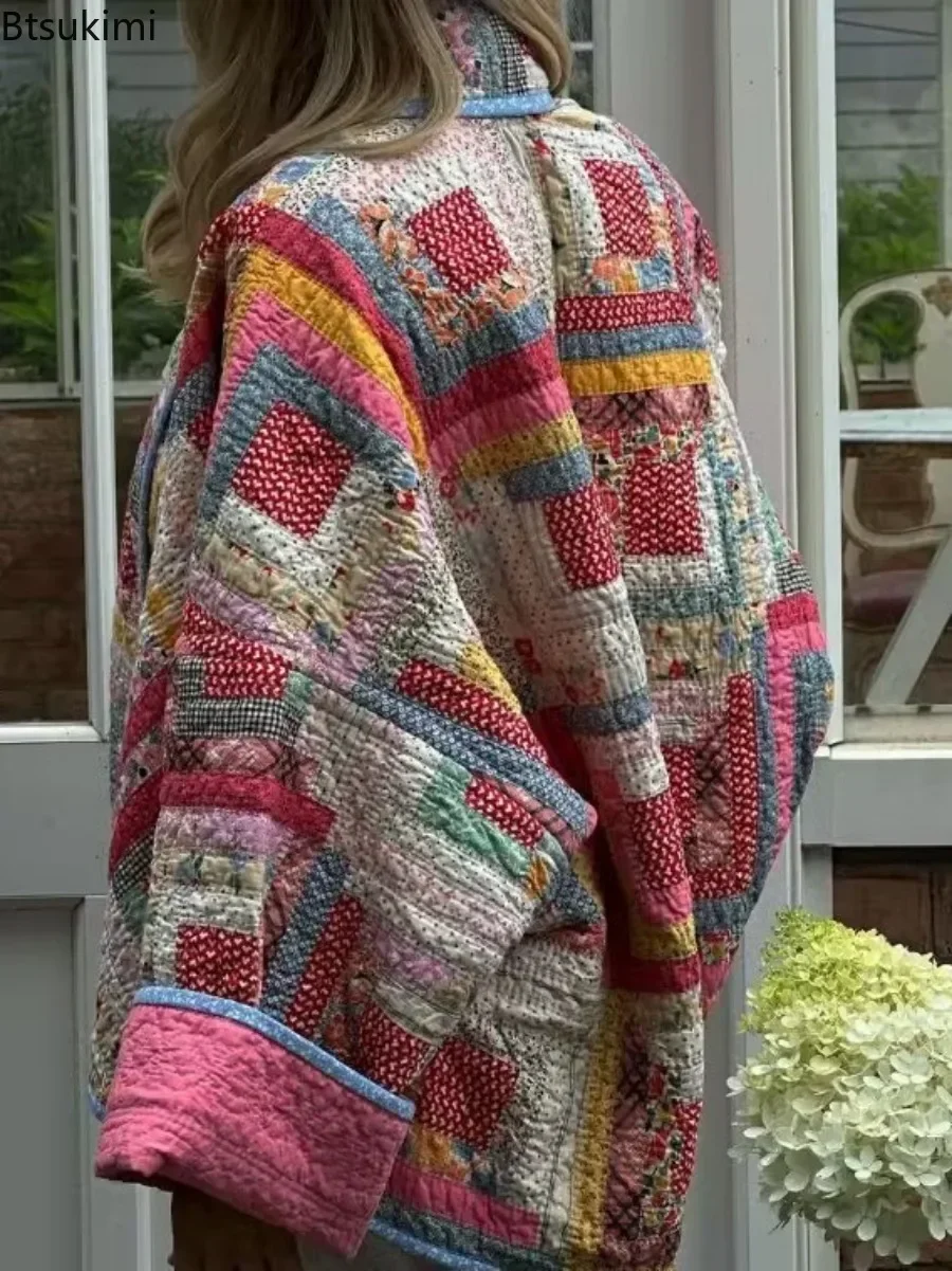 Женские розовые винтажные лоскутные хлопковые пальто с принтом - Фотография_4