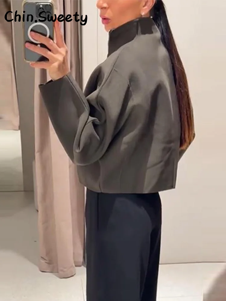 Повседневные женские вязаные укороченные куртки с воротником-стойкой - Фотография_3