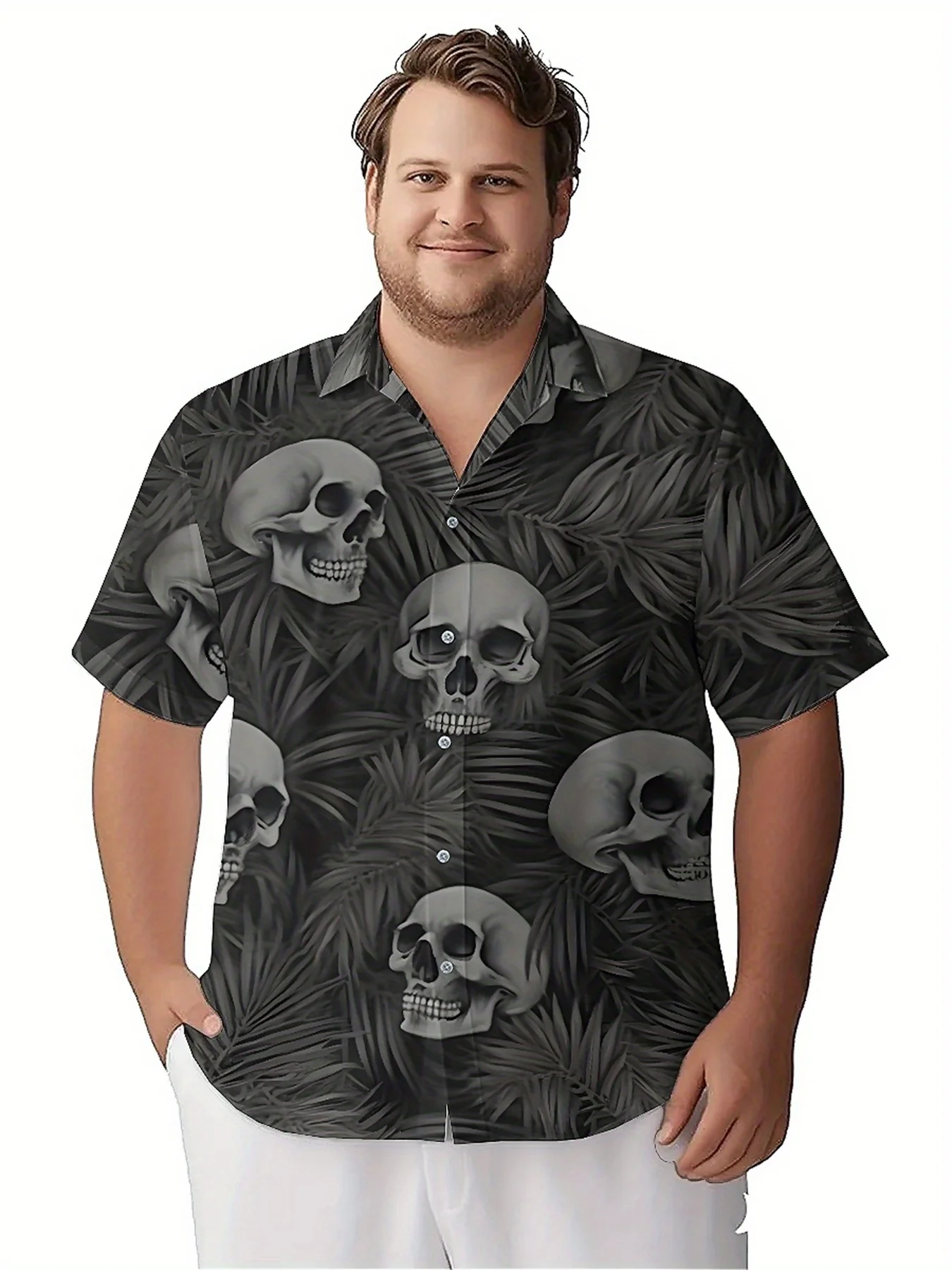 Мужские гавайские рубашки больших размеров с принтом тропического черепа - Фотография_2