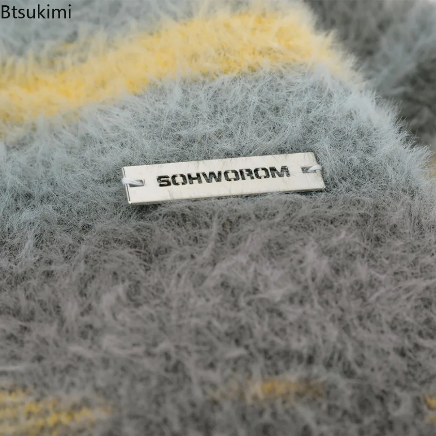 Мужской утолщенный вязаный кардиган в желтую полоску - Фотография_3