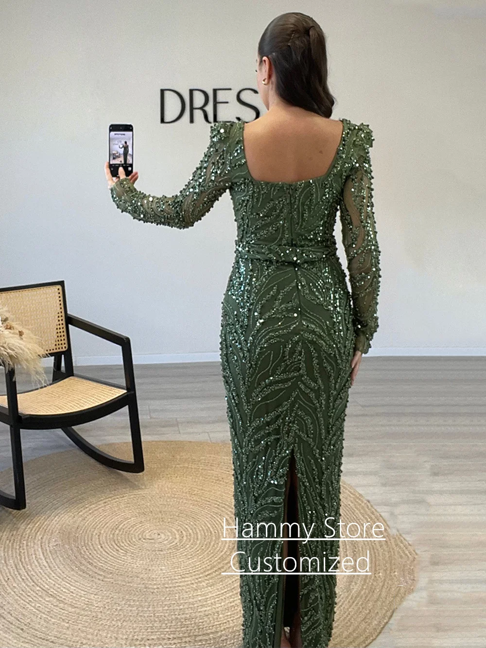 Блестящее оливково-зеленое вечернее - Фотография_2