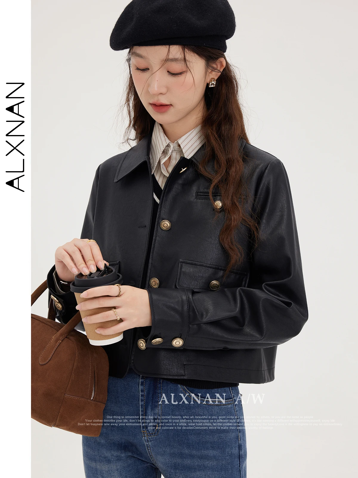 Alxnan черная кожаная куртка женская - Фотография_4