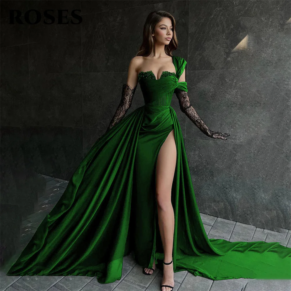 Roses красные вечерние платья русалки с высоким разрезом и одним плечом - Фотография_2